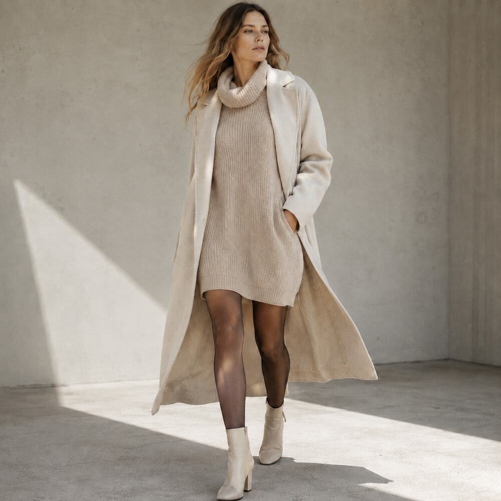 NWT SNDYS. Beige Knit Sweater Pullover Cowl Neck Dress, size M/L